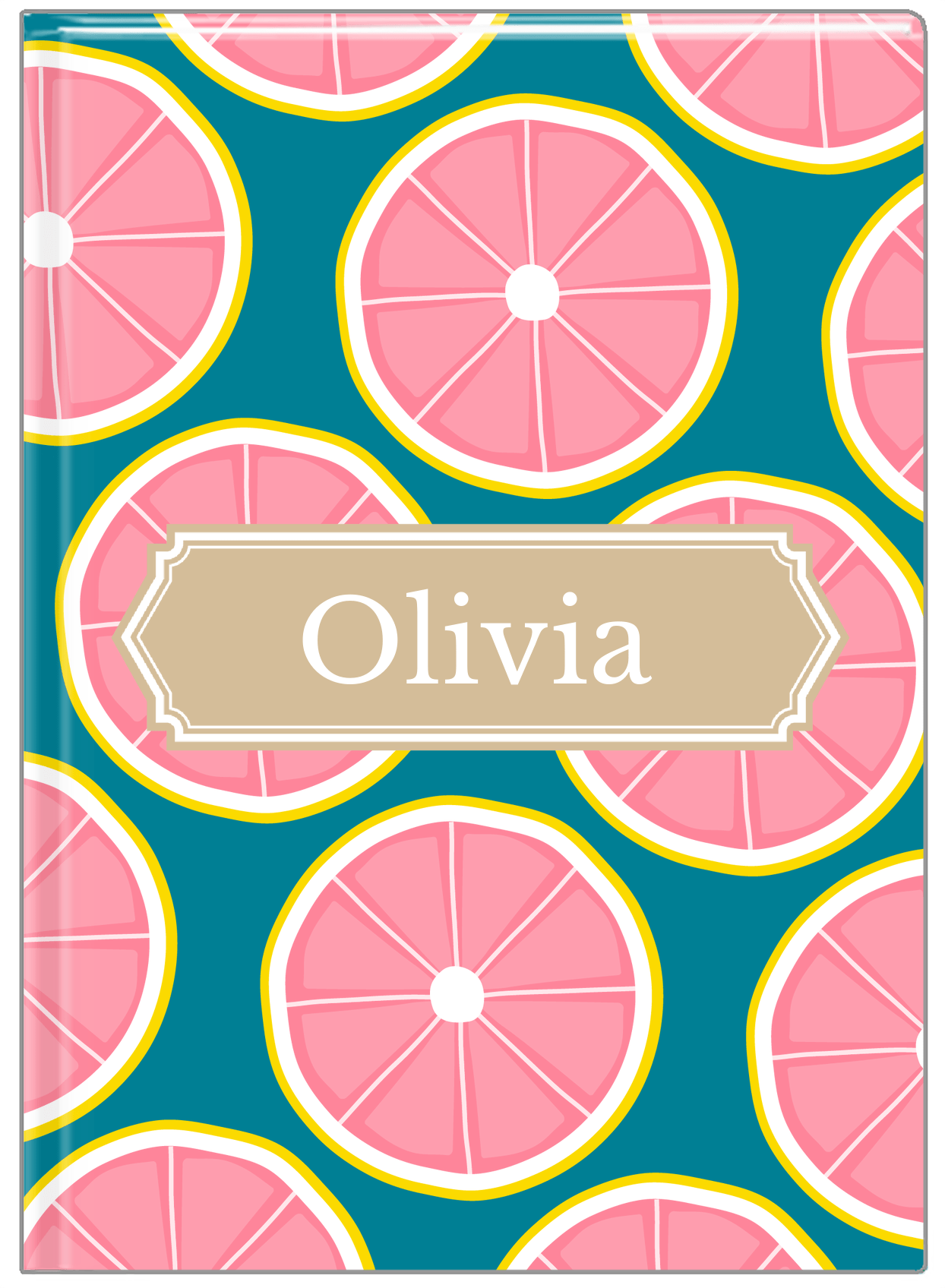 Personalized Grapefruit Journal - Teal Background - Decorative Rectangle Nameplate - Front View