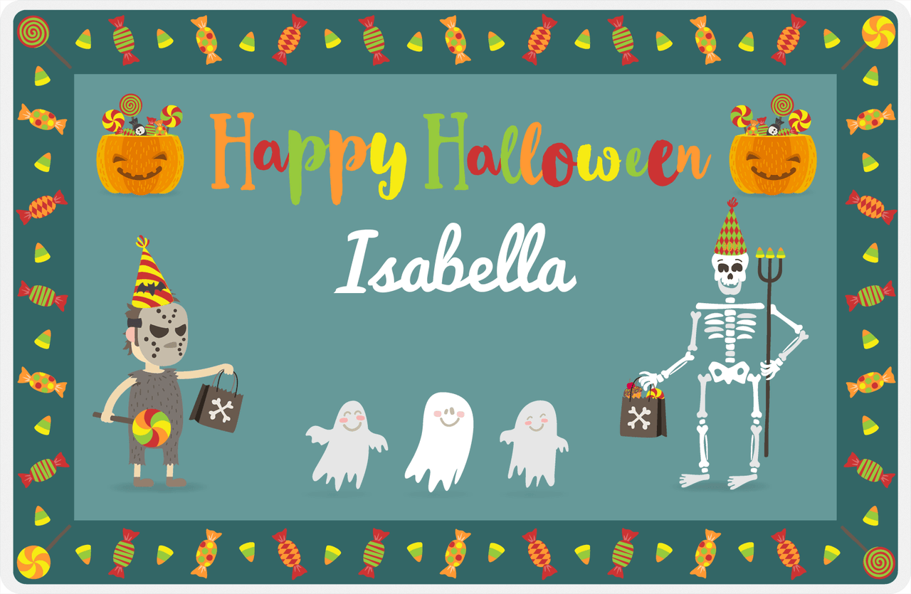 Personalized Halloween Placemat IX - Candy Border - Teal Background -  View