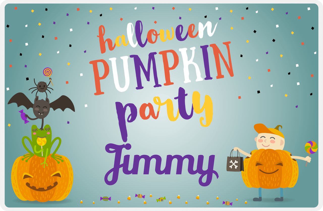 Personalized Halloween Placemat XI - Pumpkin Party - Teal Background -  View