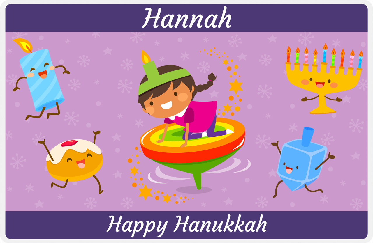 Personalized Hanukkah Placemat III - Rainbow Dreidel - Black Girl I -  View