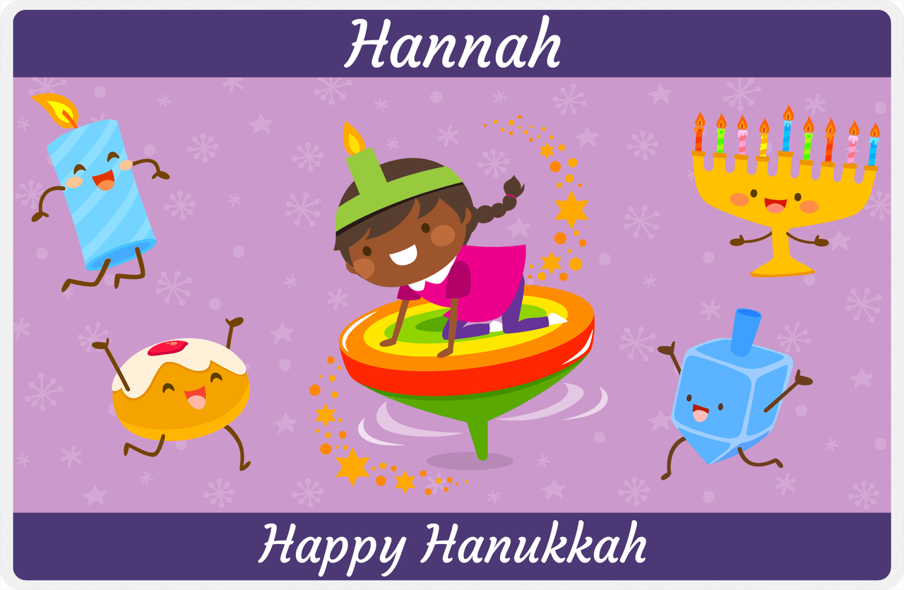 Personalized Hanukkah Placemat III - Rainbow Dreidel - Black Girl II -  View