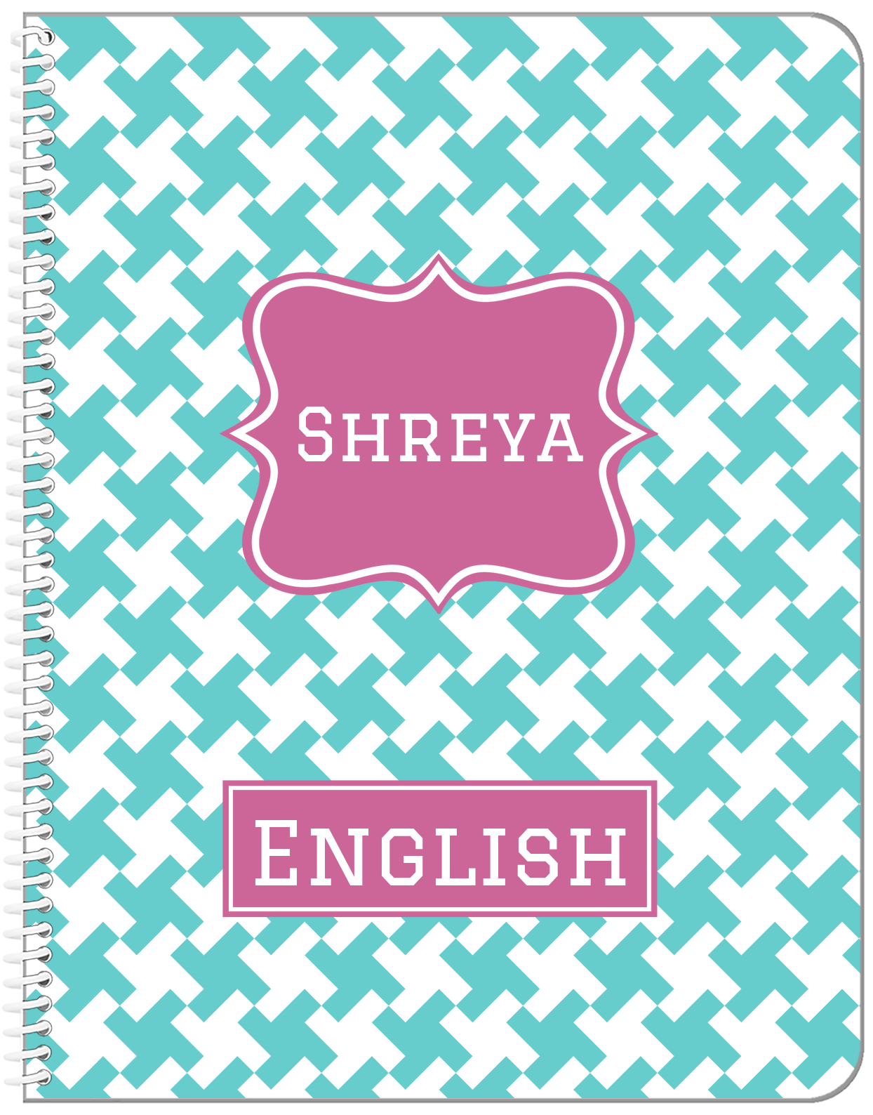 Personalized Houndstooth II Notebook - Teal and Orchid - Fancy Nameplate - Front View
