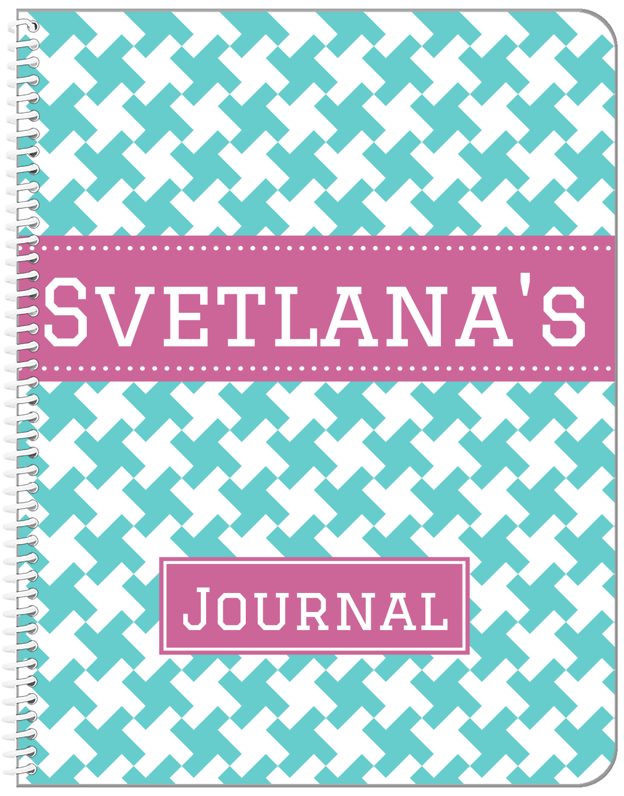 Personalized Houndstooth II Notebook - Teal and Orchid - Ribbon Nameplate - Front View