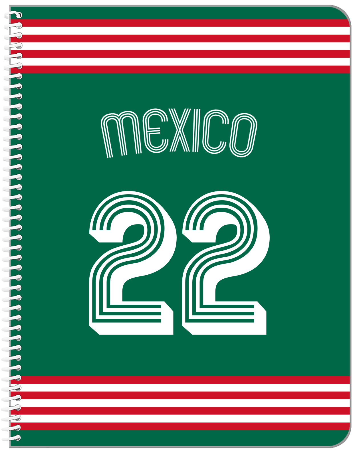 Personalized Jersey Number Notebook with Arched Name - Mexico - Triple Stripe - Front View