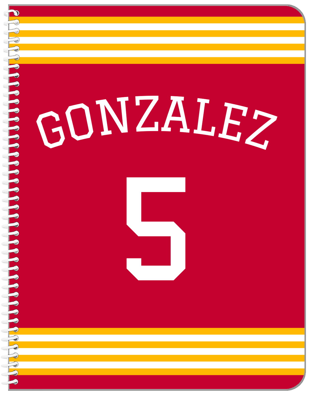 Personalized Jersey Number Notebook with Arched Name - Red and Yellow - Triple Stripe - Front View