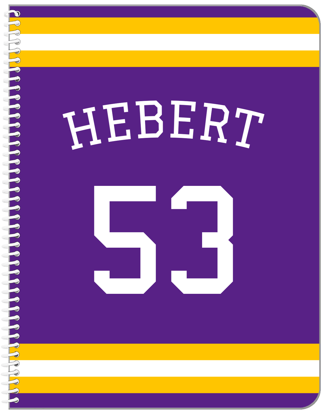 Personalized Jersey Number Notebook with Arched Name - Purple and Gold - Single Stripe - Front View