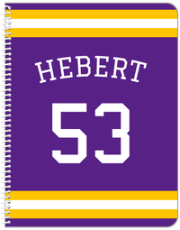 Thumbnail for Personalized Jersey Number Notebook with Arched Name - Purple and Gold - Single Stripe - Front View