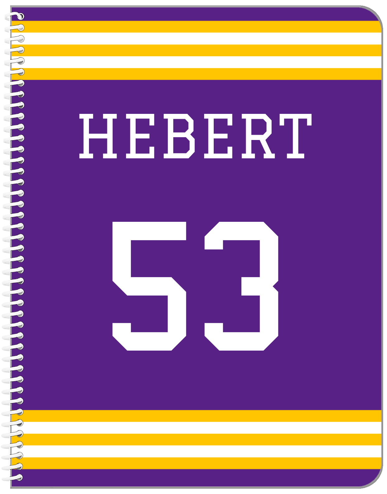 Personalized Jersey Number Notebook - Purple and Gold - Double Stripe - Front View