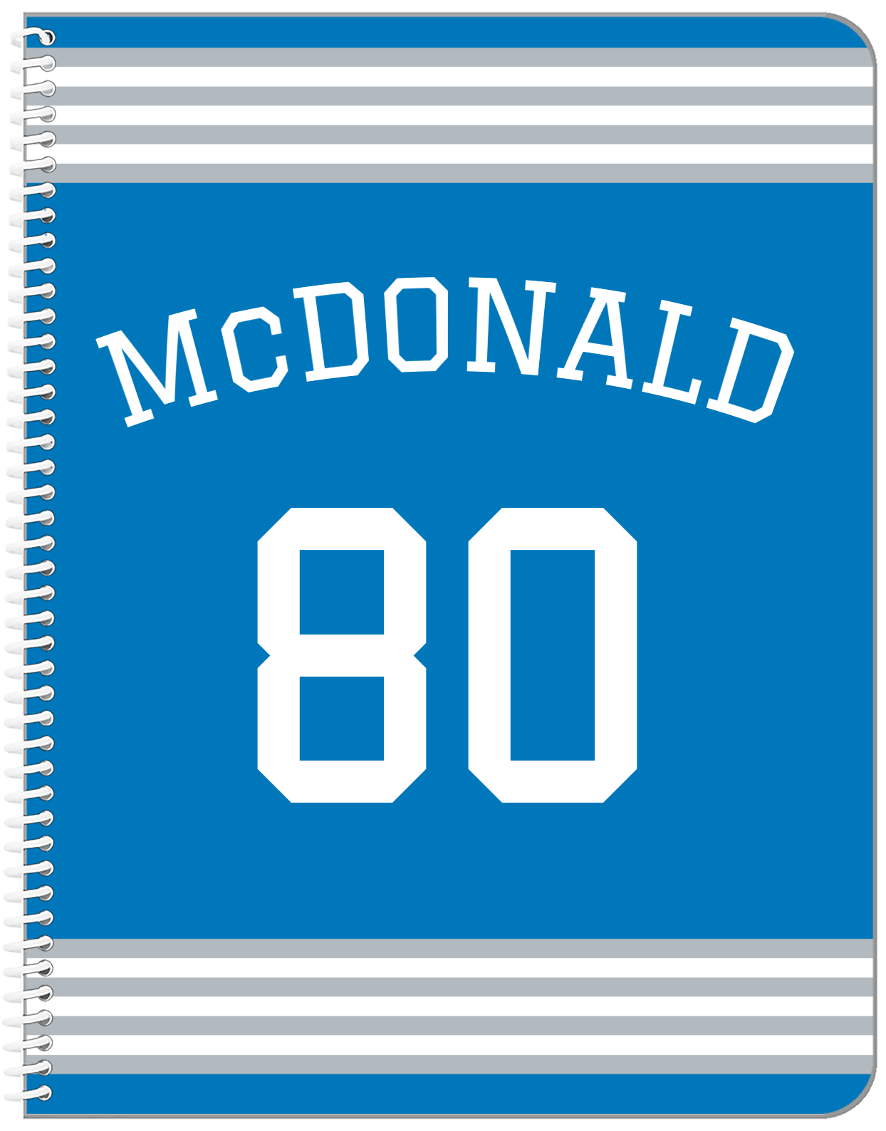 Personalized Jersey Number Notebook with Arched Name - Blue and Grey - Triple Stripe - Front View