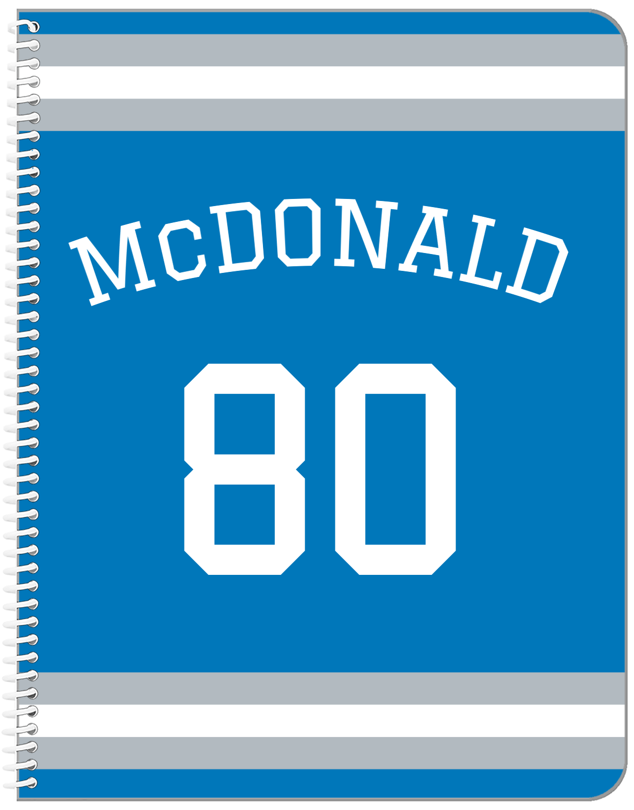 Personalized Jersey Number Notebook with Arched Name - Blue and Grey - Single Stripe - Front View