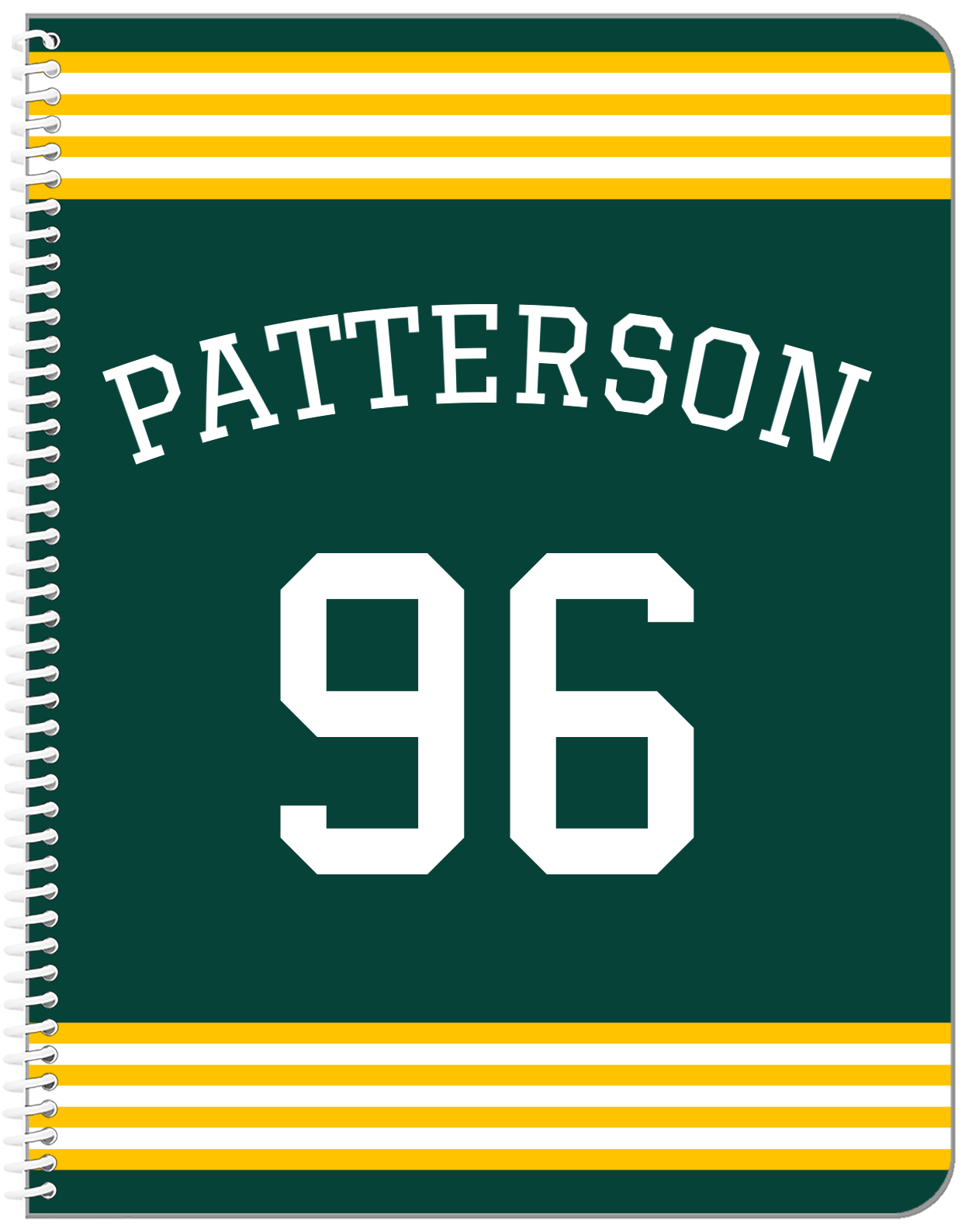 Personalized Jersey Number Notebook with Arched Name - Green and Yellow - Triple Stripe - Front View