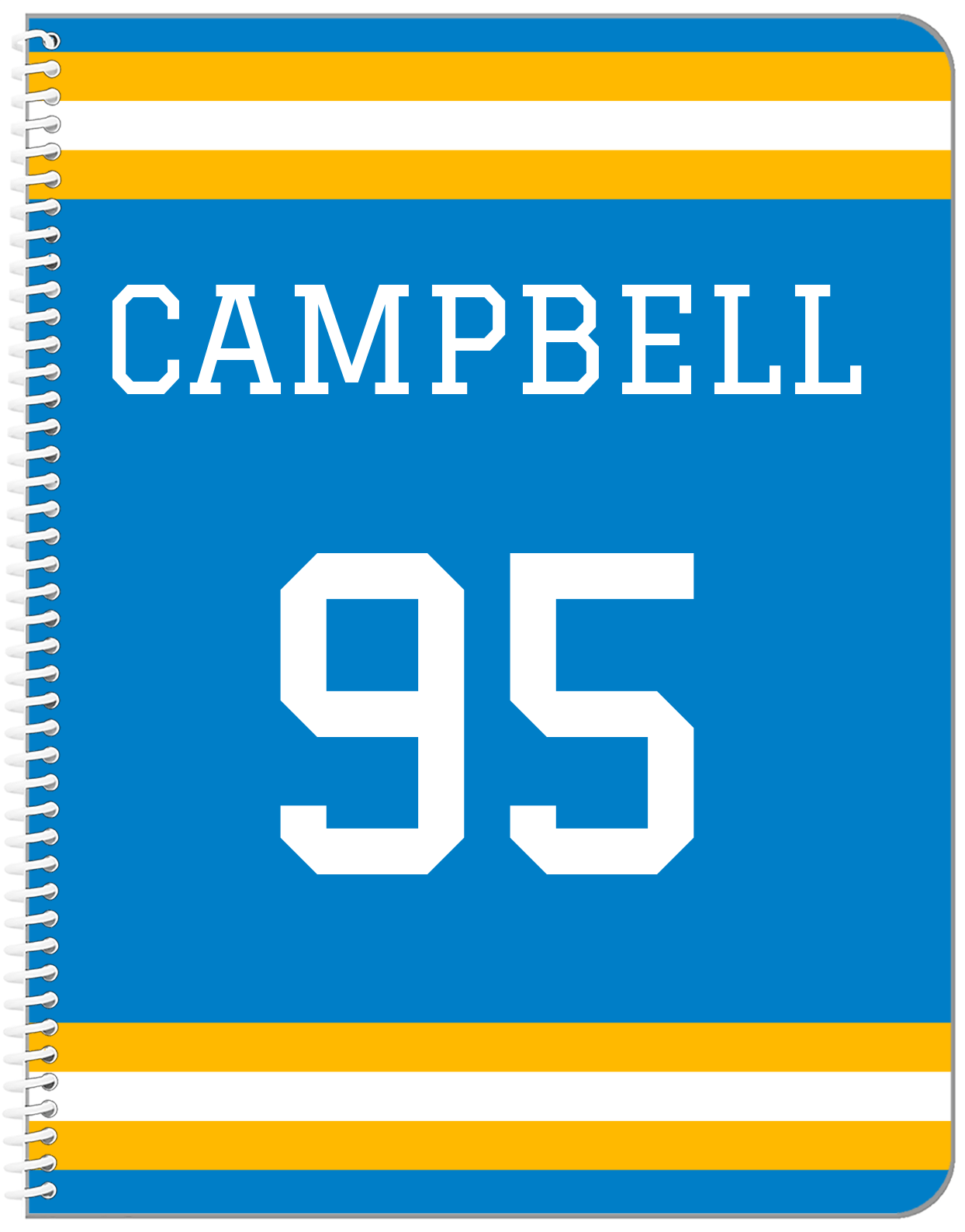 Personalized Jersey Number Notebook - Blue and Gold - Single Stripe - Front View