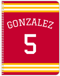 Thumbnail for Personalized Jersey Number Notebook with Arched Name - Red and Yellow - Double Stripe - Front View