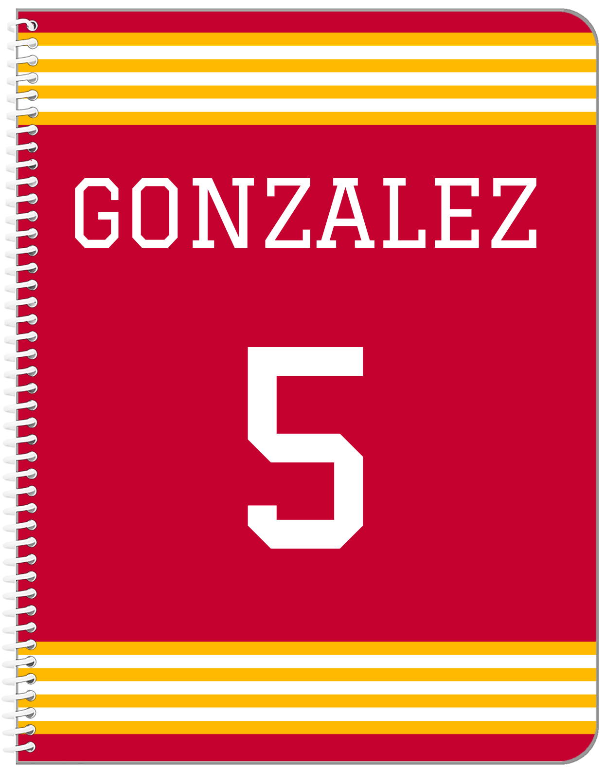 Personalized Jersey Number Notebook - Red and Yellow - Triple Stripe - Front View