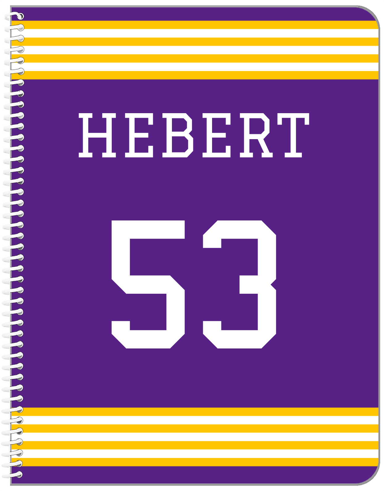 Personalized Jersey Number Notebook - Purple and Gold - Triple Stripe - Front View