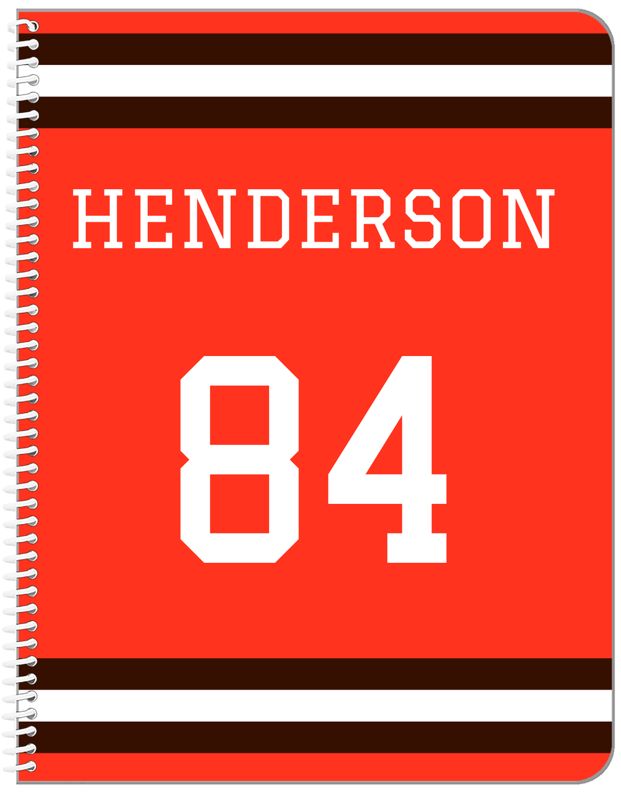 Personalized Jersey Number Notebook - Orange and Brown - Single Stripe - Front View
