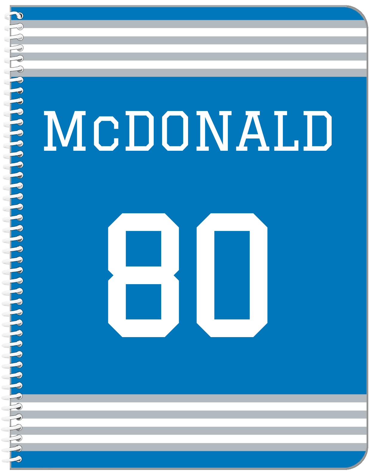Personalized Jersey Number Notebook - Blue and Grey - Triple Stripe - Front View