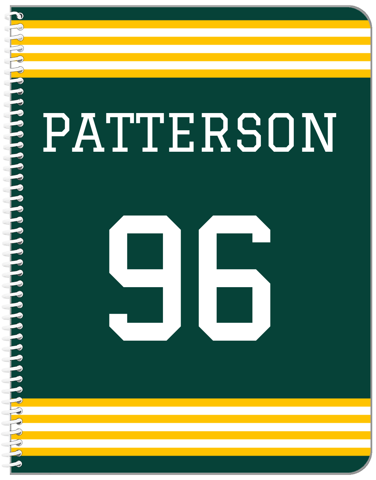 Personalized Jersey Number Notebook - Green and Yellow - Triple Stripe - Front View