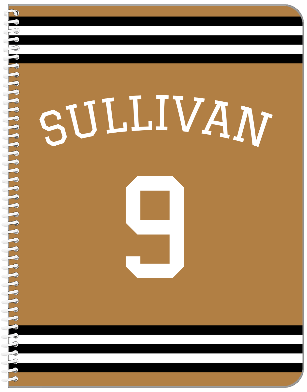 Personalized Jersey Number Notebook with Arched Name - Gold and Black - Double Stripe - Front View