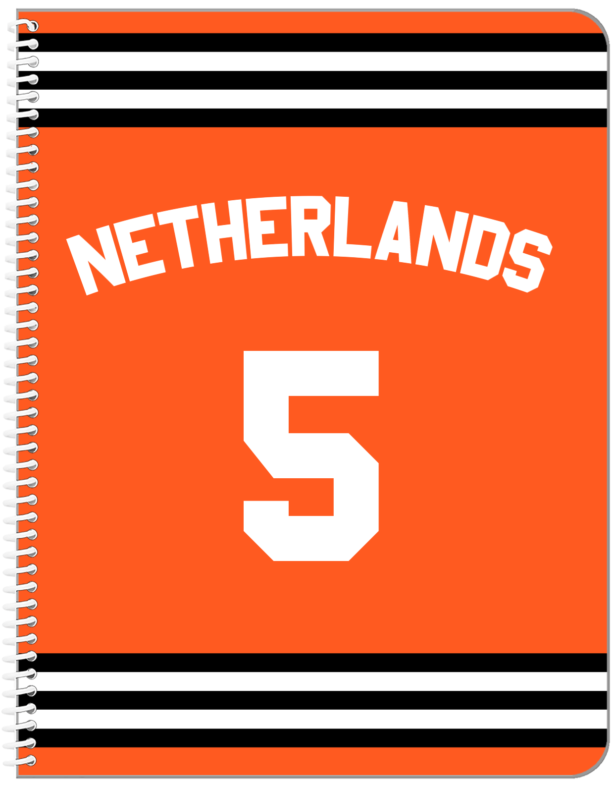 Personalized Jersey Number Notebook with Arched Name - Netherlands - Double Stripe - Front View