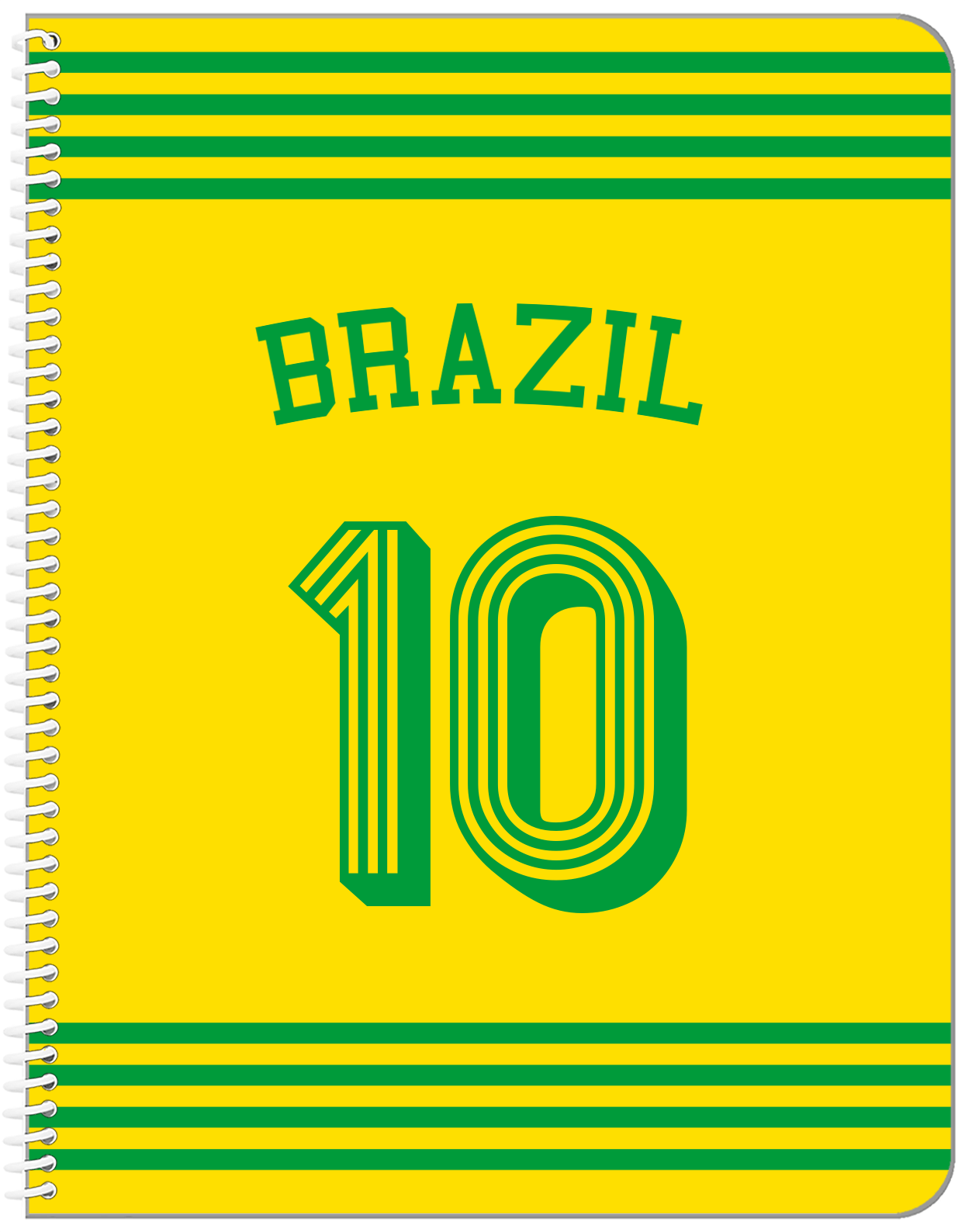 Personalized Jersey Number Notebook with Arched Name - Brazil - Triple Stripe - Front View