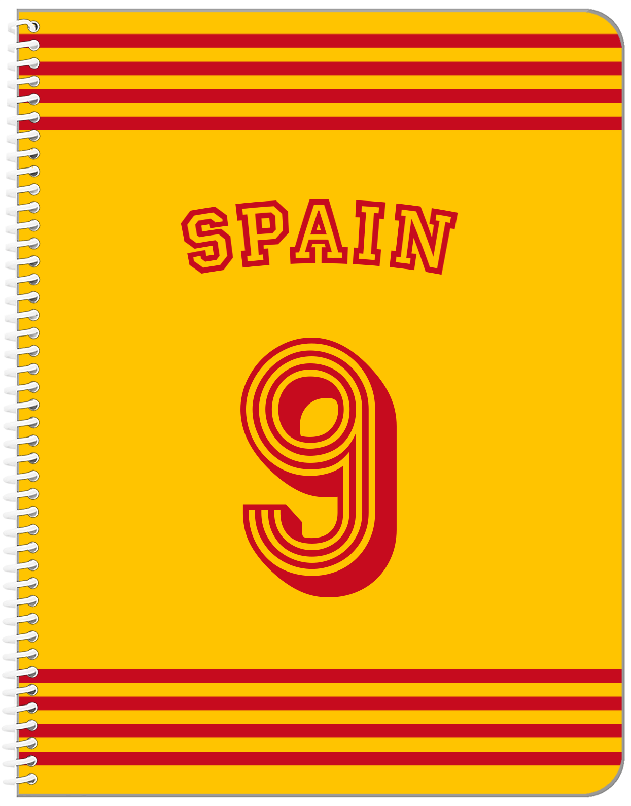 Personalized Jersey Number Notebook with Arched Name - Spain - Triple Stripe - Front View