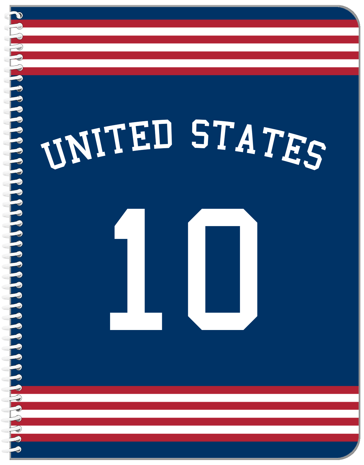 Personalized Jersey Number Notebook with Arched Name - United States - Triple Stripe - Front View