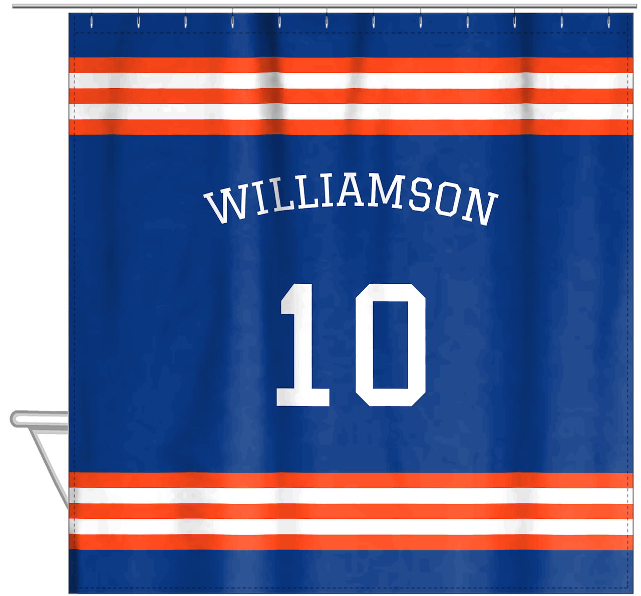 Personalized Jersey Number Shower Curtain with Arched Name - Blue & Orange - Double Stripe - Hanging View