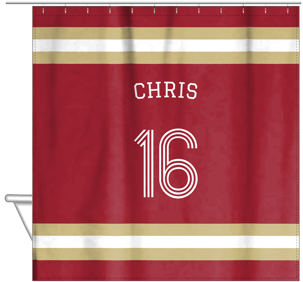 Personalized Jersey Number Shower Curtain with Arched Name - Red & Gold - Single Stripe - Hanging View