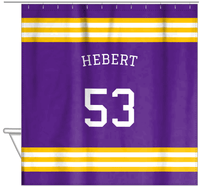 Thumbnail for Personalized Jersey Number Shower Curtain with Arched Name - Purple & Gold - Double Stripe - Hanging View