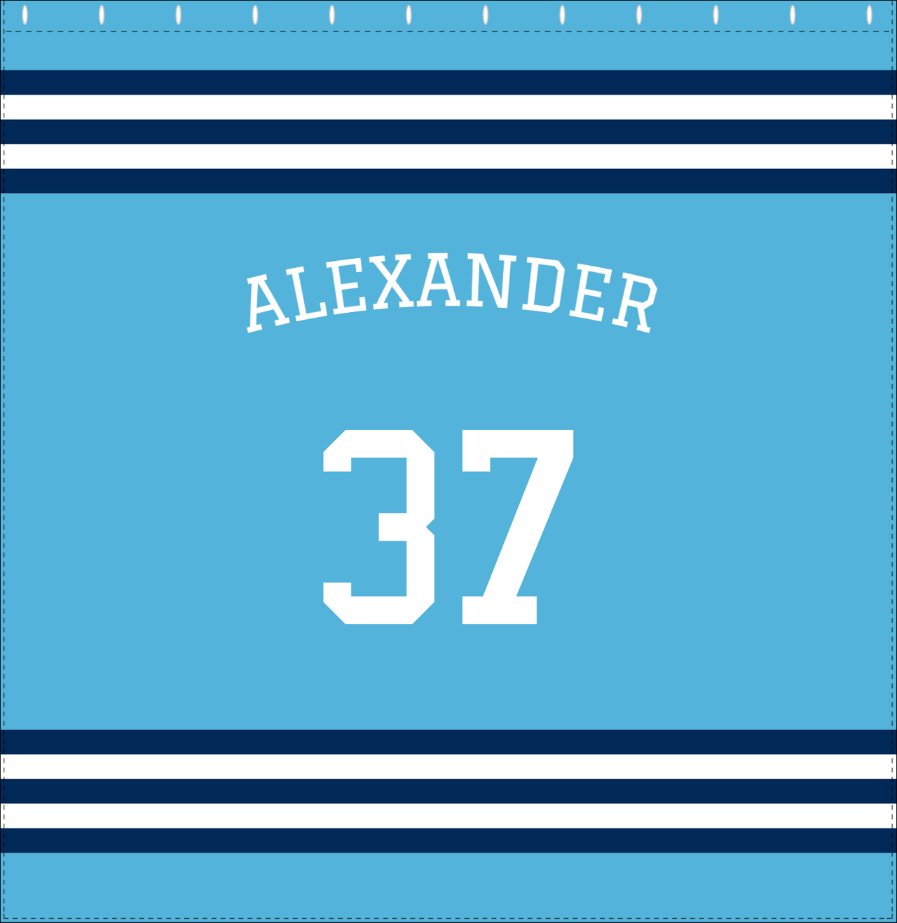 Personalized Jersey Number Shower Curtain with Arched Name - Blue & Navy - Double Stripe - Decorate View