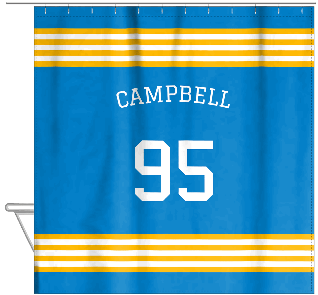 Personalized Jersey Number Shower Curtain with Arched Name - Blue & Gold - Triple Stripe - Hanging View