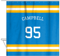 Thumbnail for Personalized Jersey Number Shower Curtain with Arched Name - Blue & Gold - Single Stripe - Hanging View