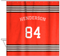 Thumbnail for Personalized Jersey Number Shower Curtain with Arched Name - Orange & Brown - Triple Stripe - Hanging View
