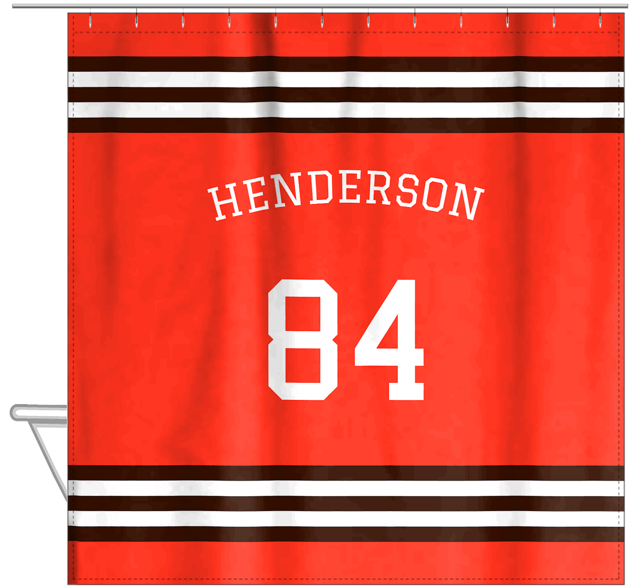 Personalized Jersey Number Shower Curtain with Arched Name - Orange & Brown - Double Stripe - Hanging View