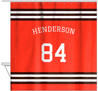 Thumbnail for Personalized Jersey Number Shower Curtain with Arched Name - Orange & Brown - Double Stripe - Hanging View