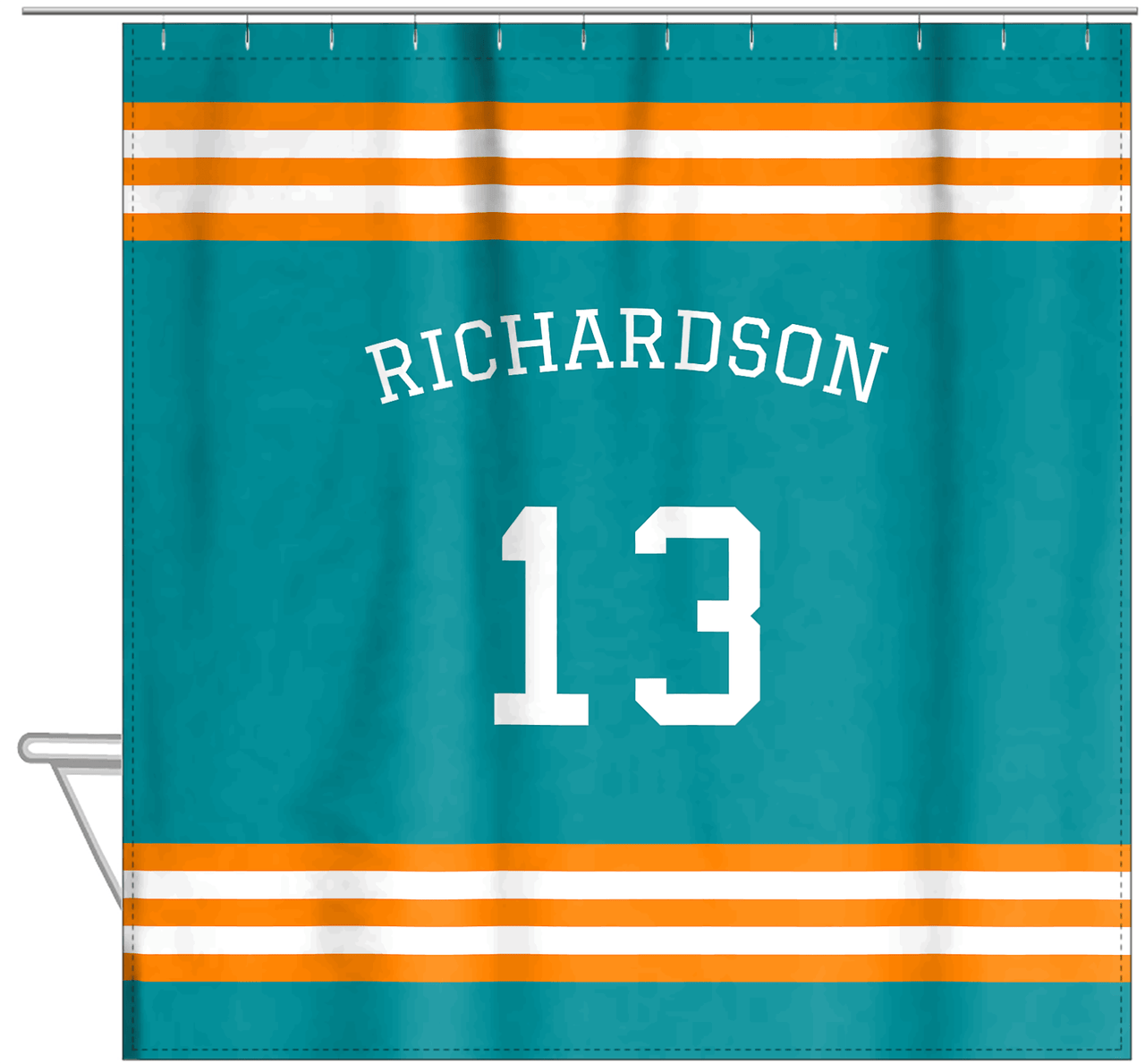 Personalized Jersey Number Shower Curtain with Arched Name - Teal & Orange - Double Stripe - Hanging View