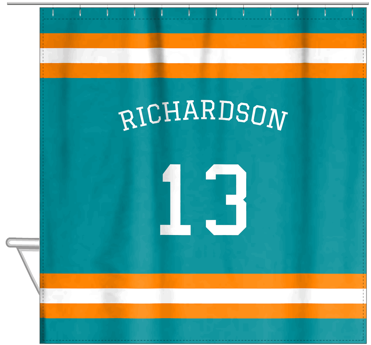 Personalized Jersey Number Shower Curtain with Arched Name - Teal & Orange - Single Stripe - Hanging View