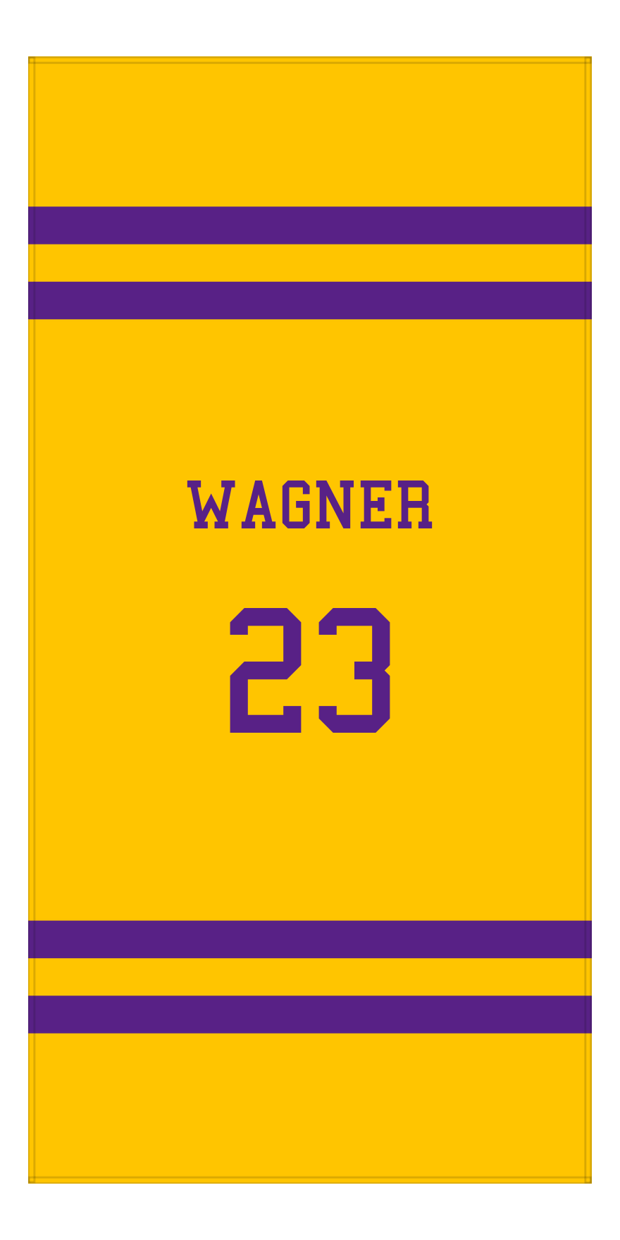 Personalized Jersey Number 2-on-none Stripes Sports Beach Towel - Gold and Purple - Vertical Design - Front View