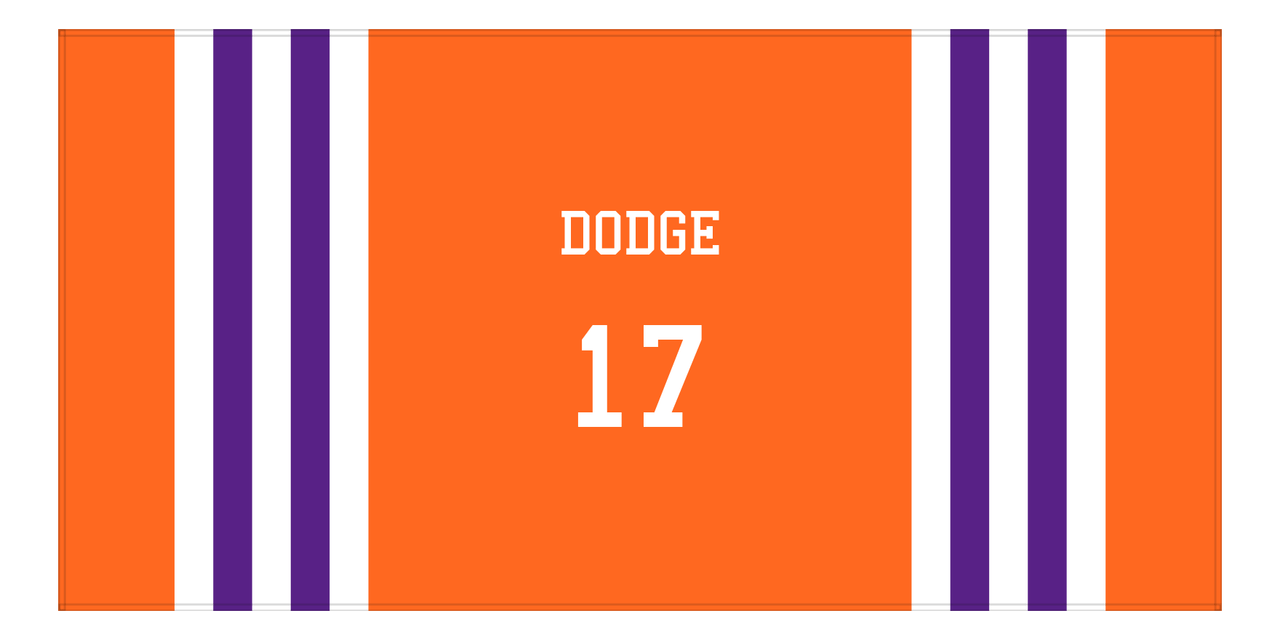 Personalized Jersey Number 2-on-1 Stripes Sports Beach Towel - Orange and Purple - Horizontal Design - Front View