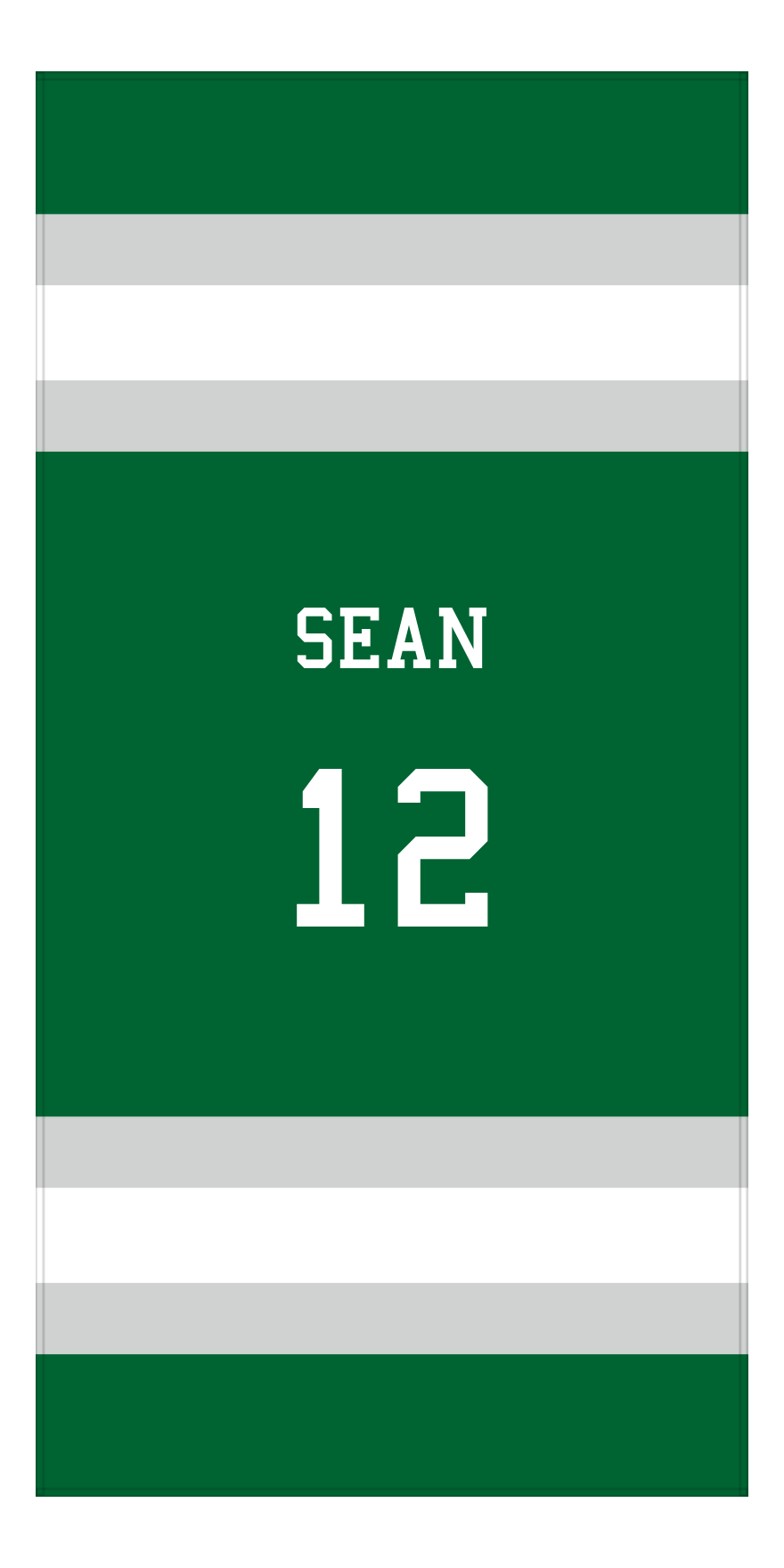 Personalized Jersey Number 1-on-1 Stripes Sports Beach Towel - Green and Grey - Vertical Design - Front View