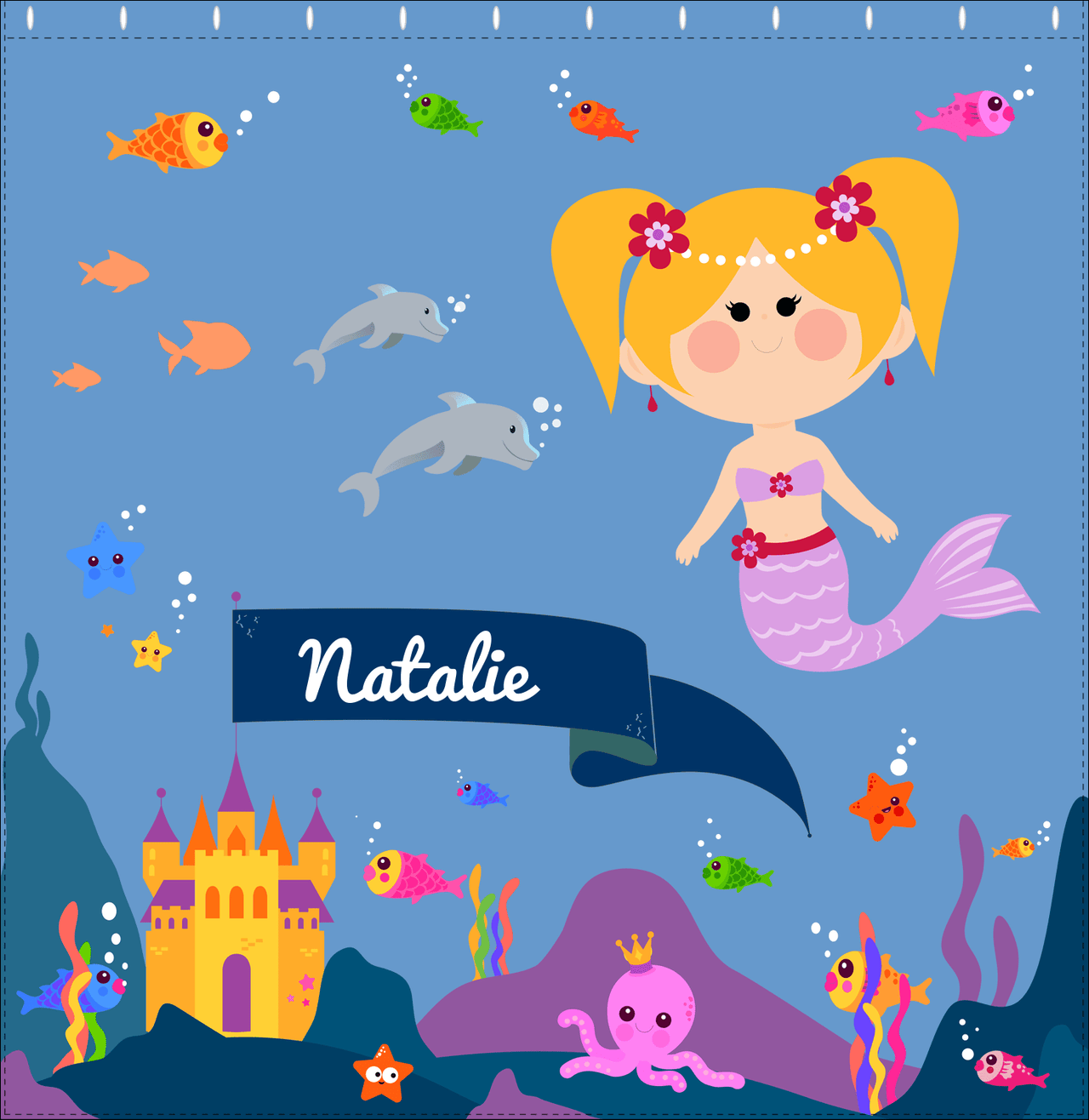 Personalized Mermaid Shower Curtain X - Blue Background - Blonde Mermaid - Decorate View