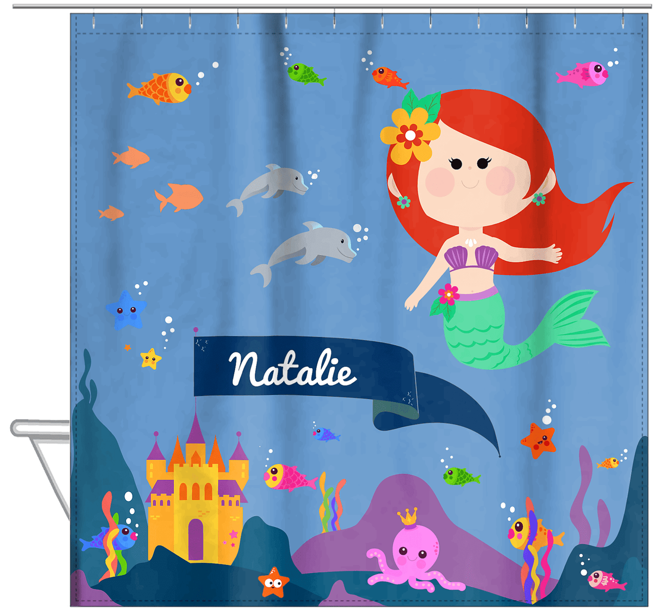 Personalized Mermaid Shower Curtain X - Blue Background - Redhead Mermaid - Hanging View