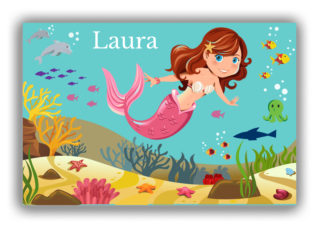 Personalized Mermaid Canvas Wrap & Photo Print VIII - Blue Background - Brunette Mermaid - Front View