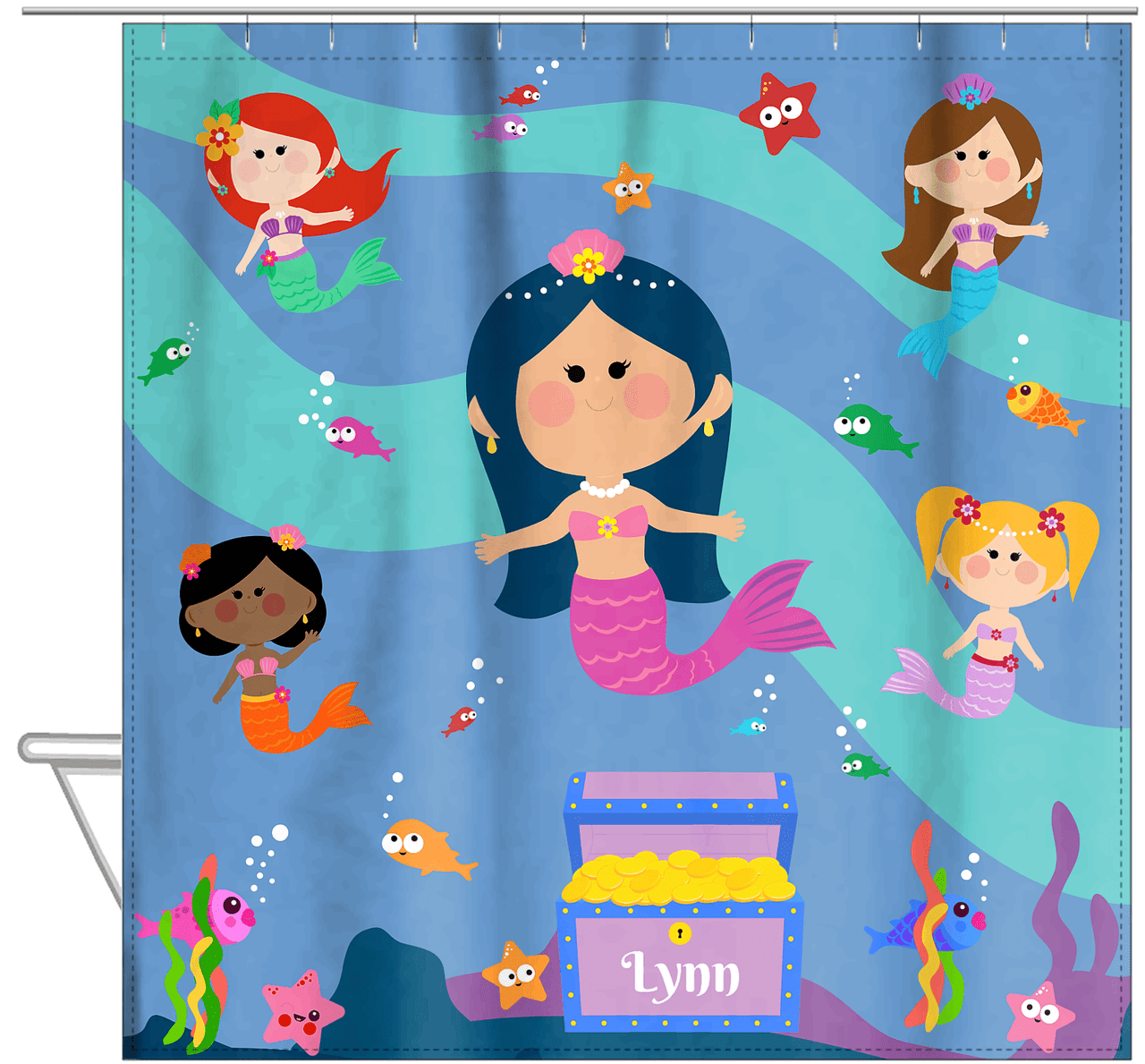 Personalized Mermaid Shower Curtain - Five Mermaids I - Asian Mermaid - Hanging View