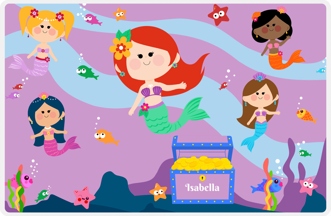 Personalized Mermaid Placemat - Five Mermaids I - Redhead Mermaid - Lilac Background -  View