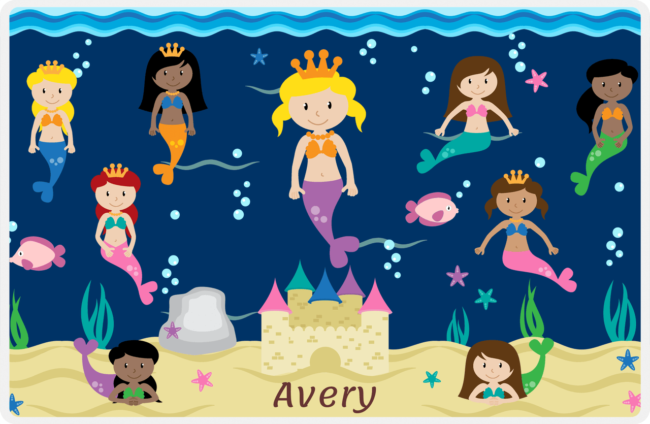 Personalized Mermaid Placemat - Five Mermaids II - Blonde Mermaid - Navy Background -  View