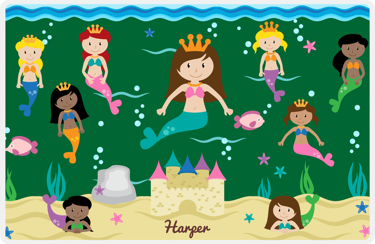 Personalized Mermaid Placemat - Five Mermaids II - Brunette Mermaid - Dark Green Background -  View