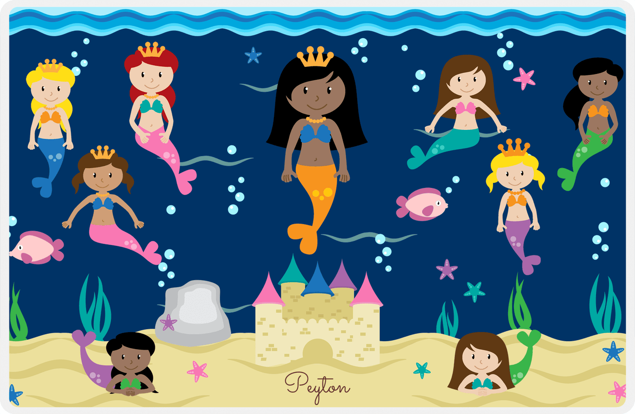 Personalized Mermaid Placemat - Five Mermaids II - Black Mermaid - Navy Background -  View