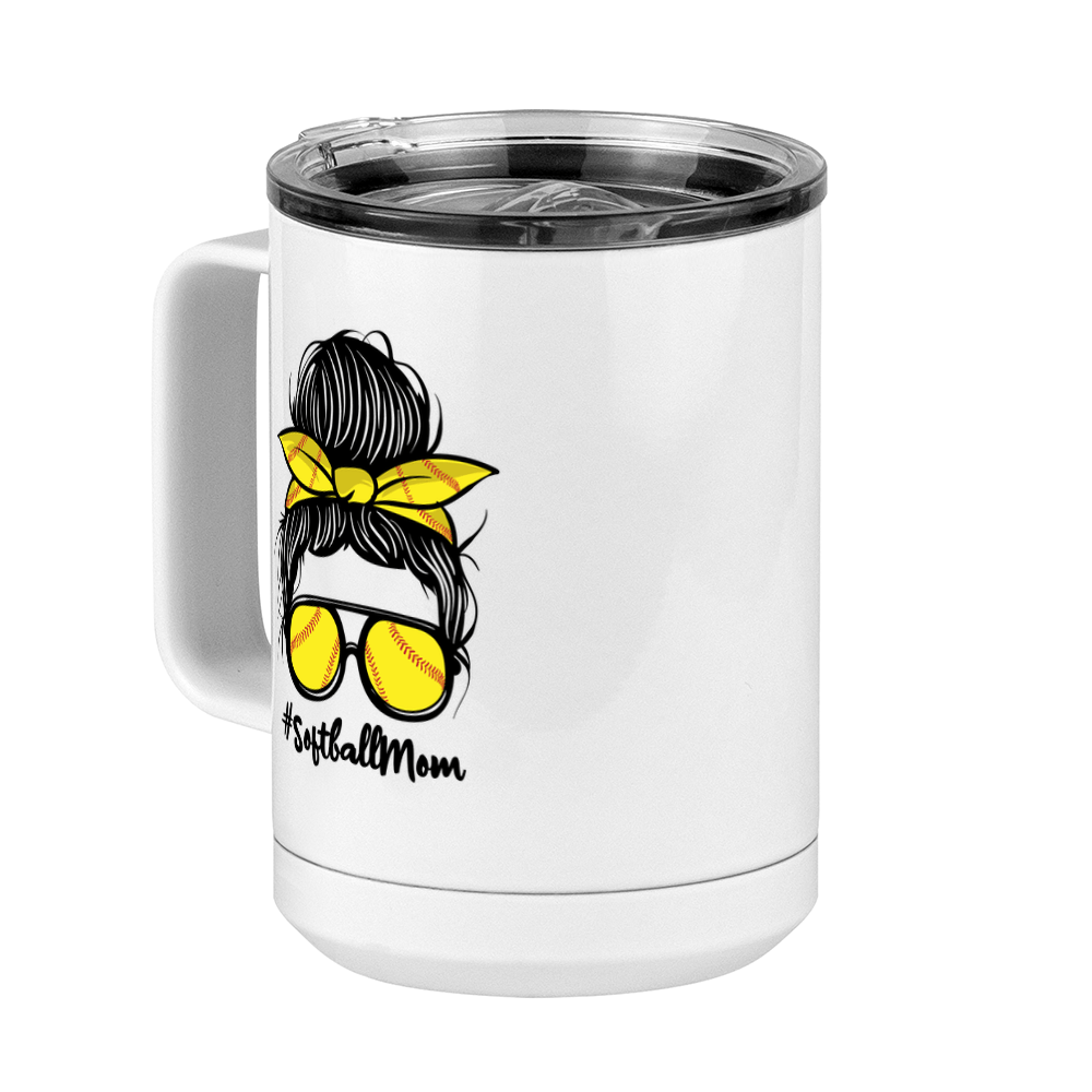 Personalized Messy Bun Coffee Mug Tumbler with Handle (15 oz) - Softball Mom - Front Left View
